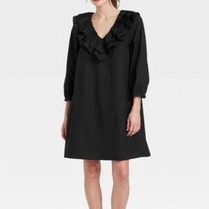 Who What Wear Women’s Black Ruffle Collar 3/4 Sleeve Dress With Pockets Sz M